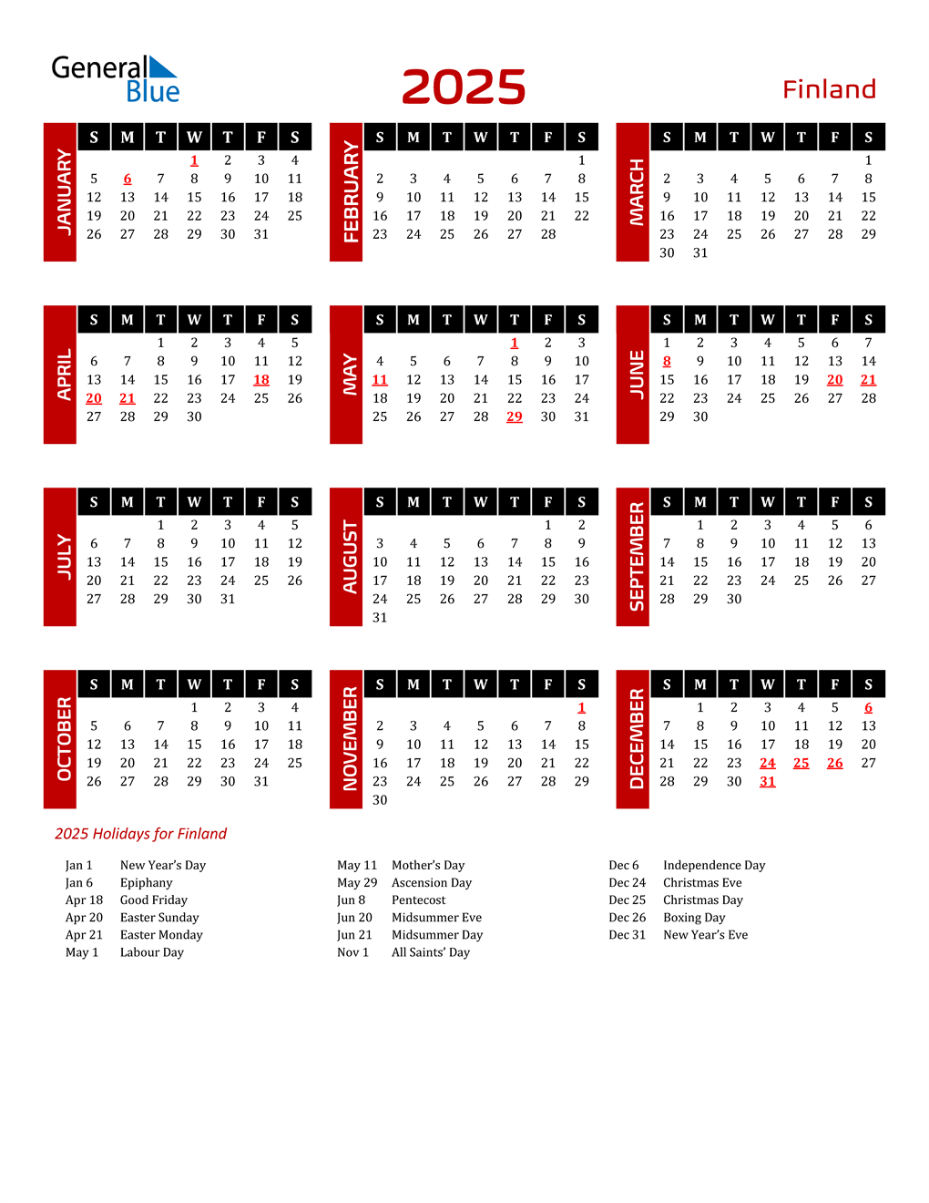 2025 Finland Calendar with Holidays