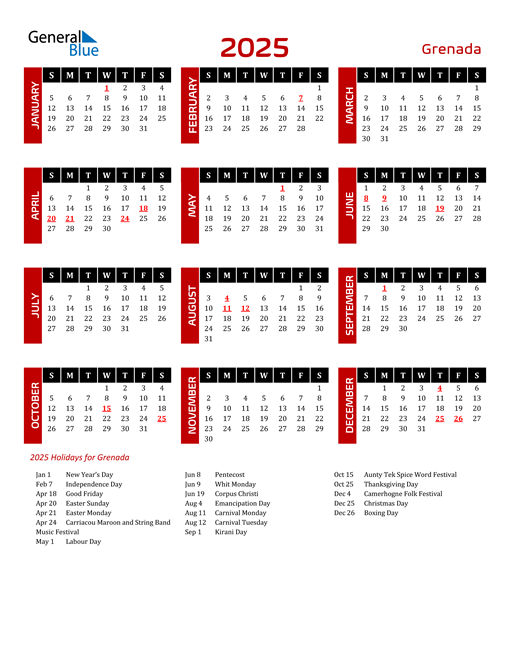 Download Grenada 2025 Calendar