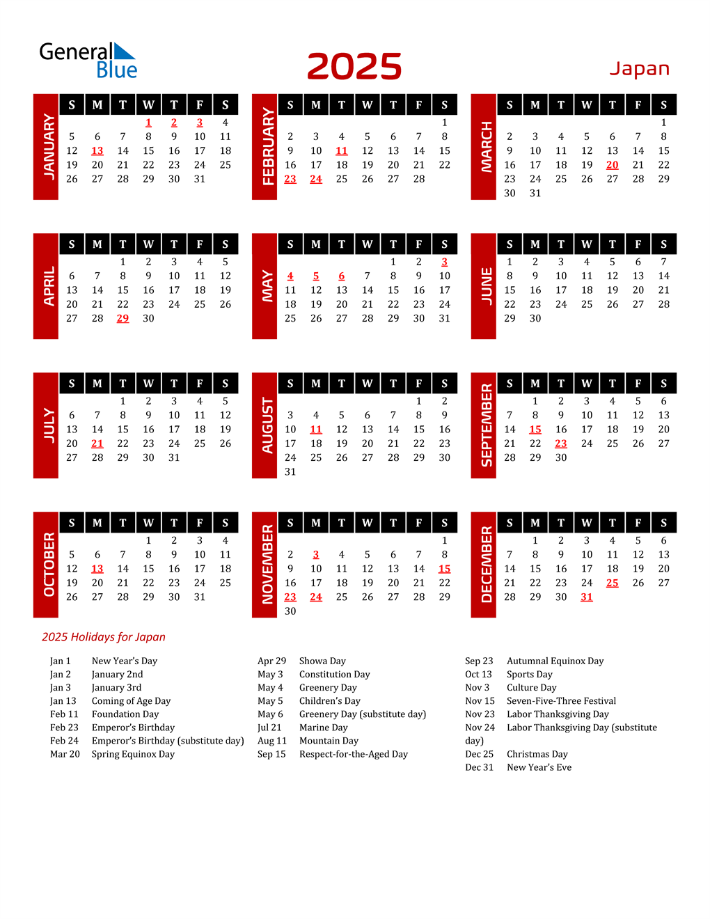 2025 Japan Calendar with Holidays