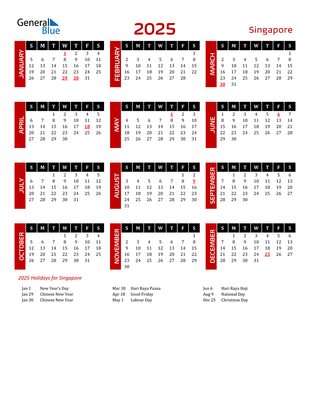 2025 Singapore Calendar with Holidays