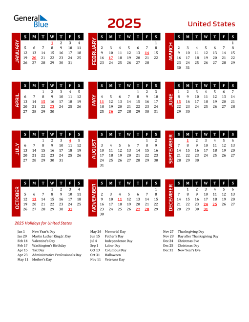 2025 United States Calendar with Holidays