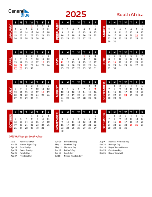 2025 South Africa Calendar with Holidays