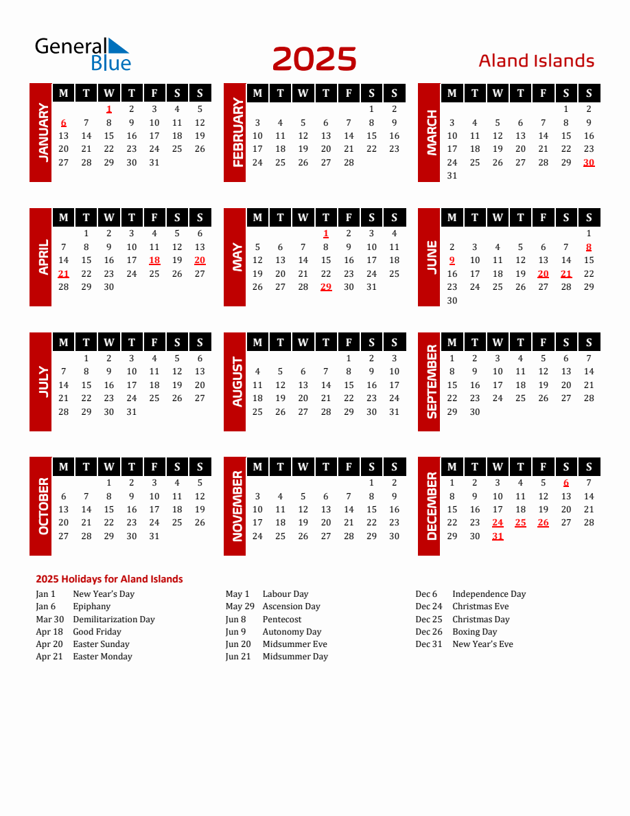 Aland Islands 2025 Yearly Calendar Downloadable