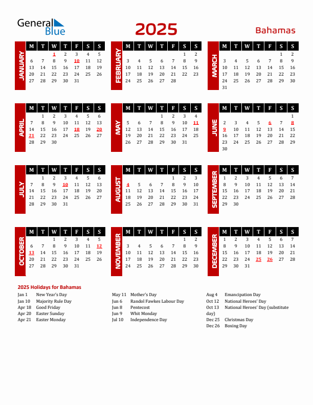 Download Bahamas 2025 Calendar - Monday Start