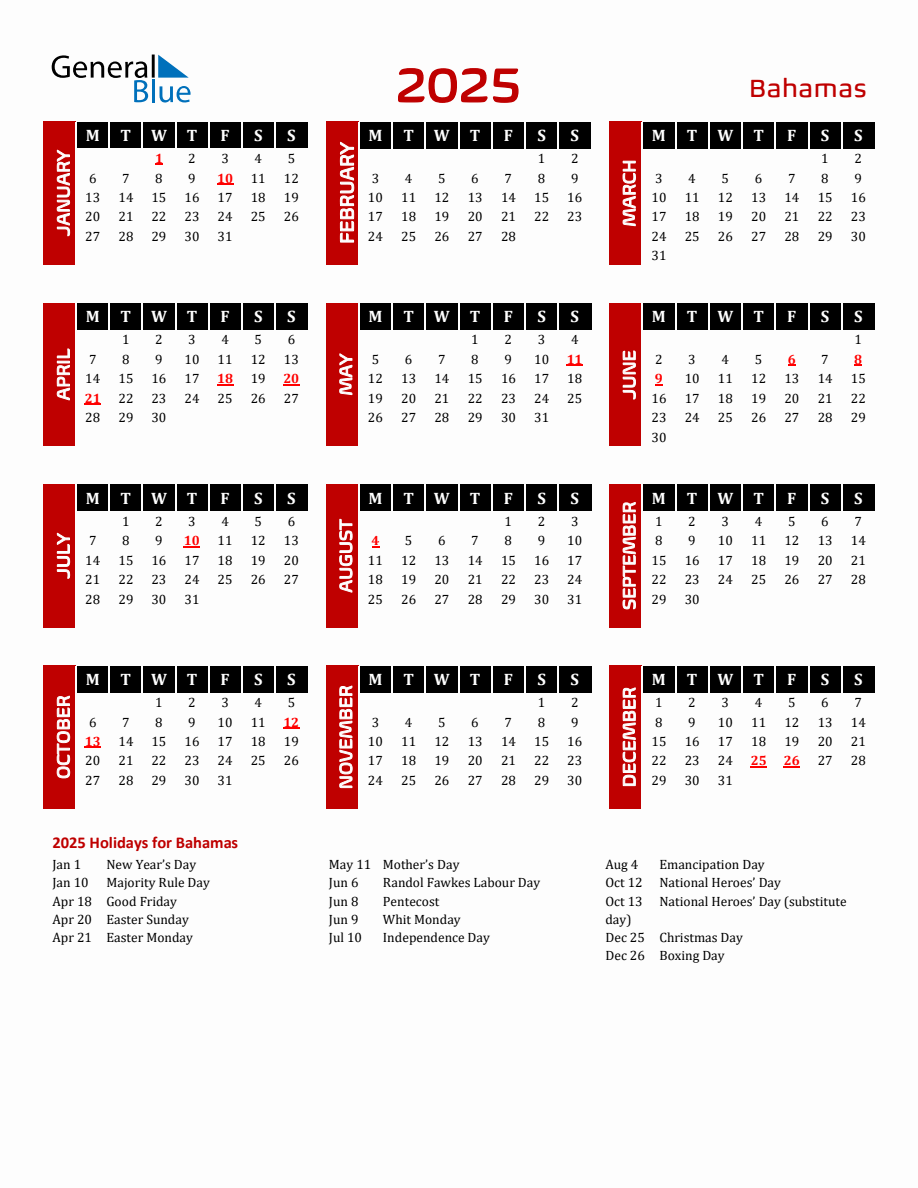 Bahamas 2025 Yearly Calendar Downloadable