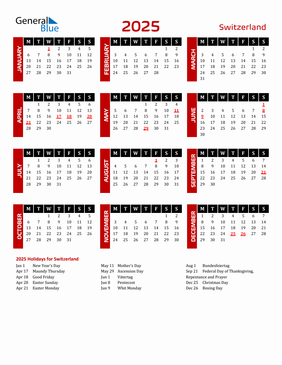 Switzerland 2025 Yearly Calendar Downloadable