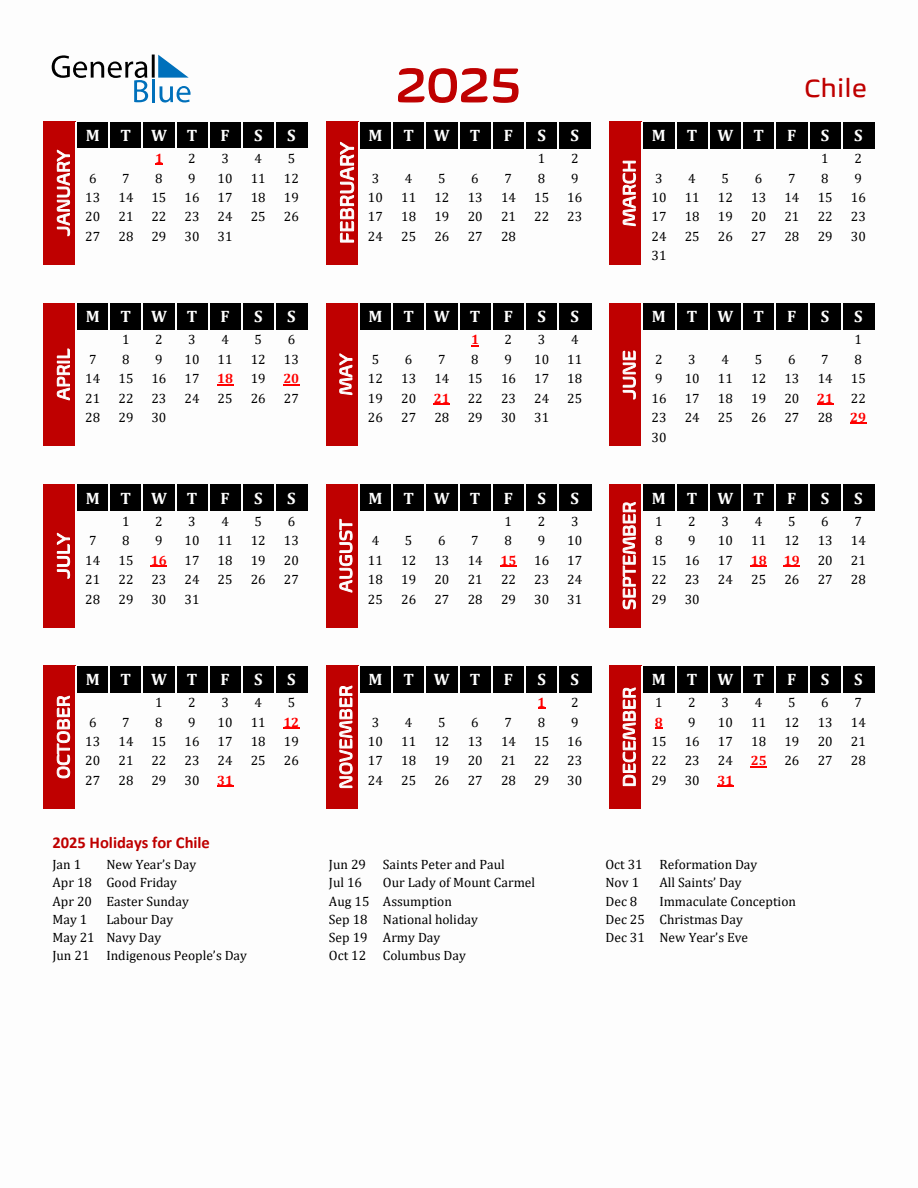 Chile 2025 Yearly Calendar Downloadable