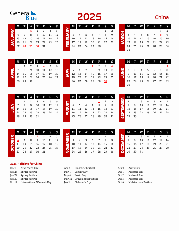 Download China 2025 Calendar - Monday Start