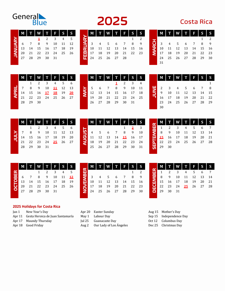 Costa Rica 2025 Yearly Calendar Downloadable