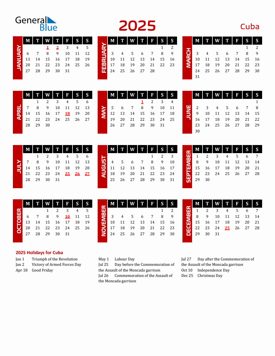 Cuba 2025 Yearly Calendar Downloadable