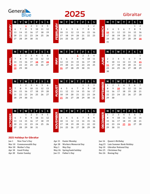 Download Gibraltar 2025 Calendar - Monday Start
