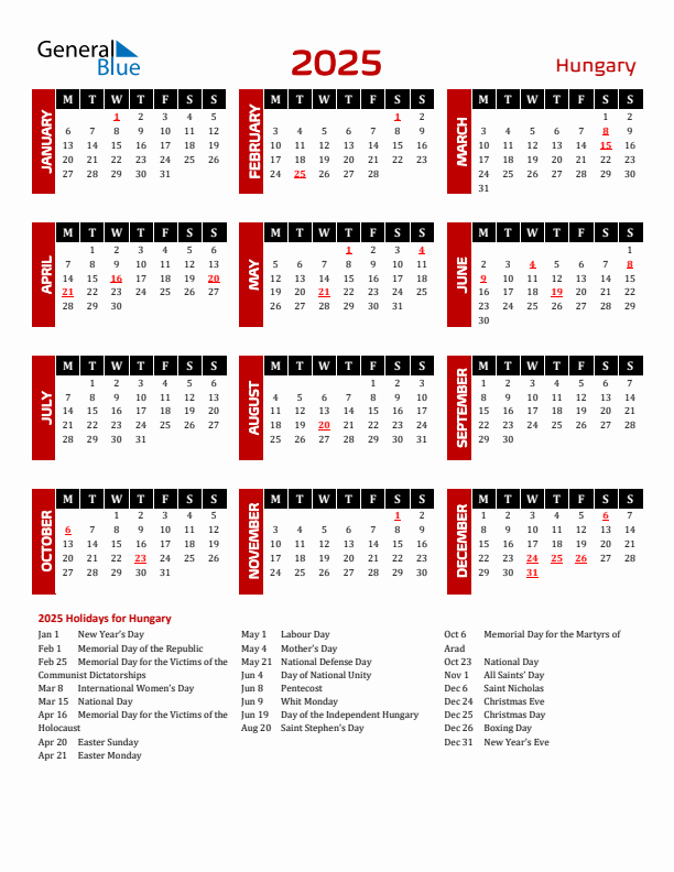 Download Hungary 2025 Calendar - Monday Start