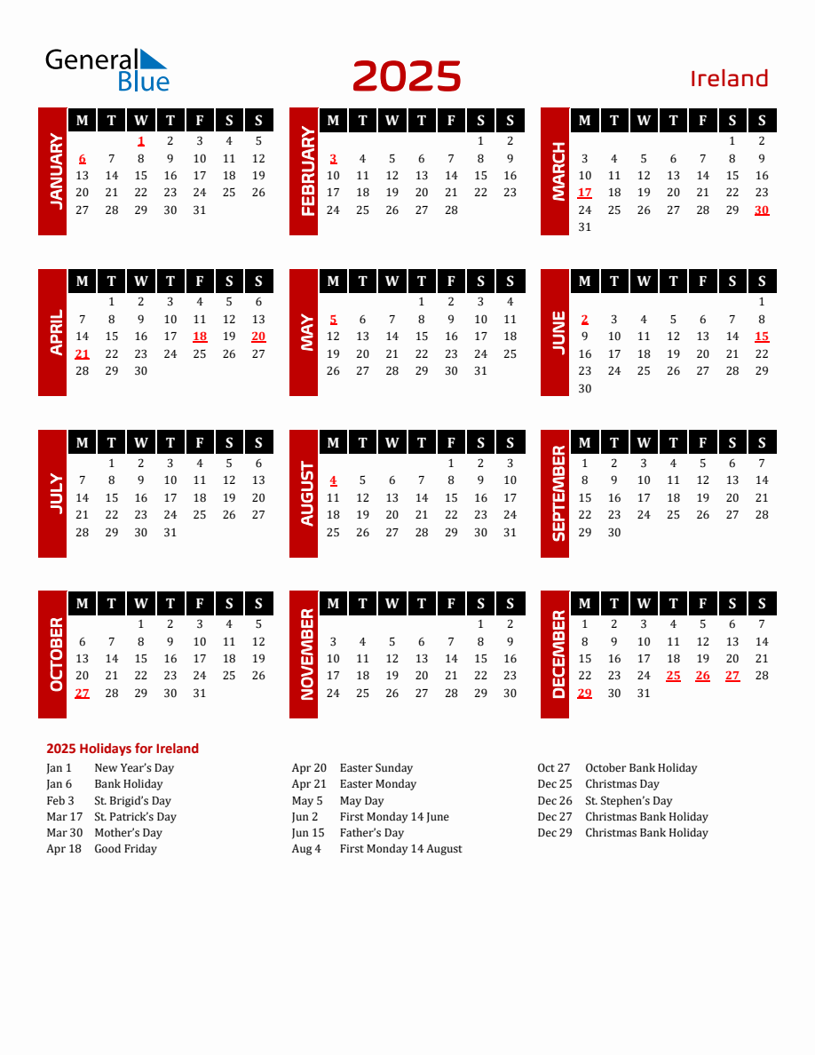 Ireland 2025 Yearly Calendar Downloadable