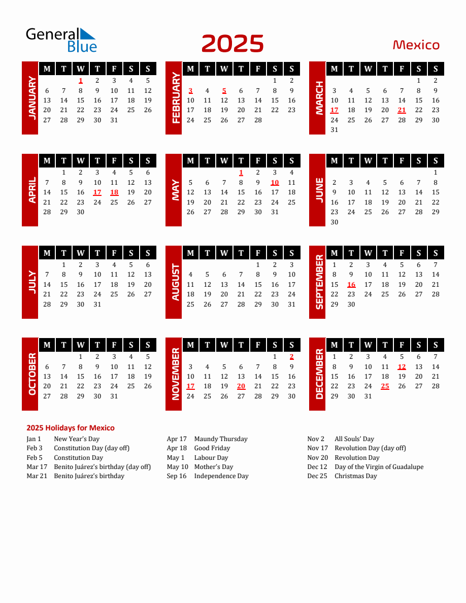 Mexico 2025 Yearly Calendar Downloadable