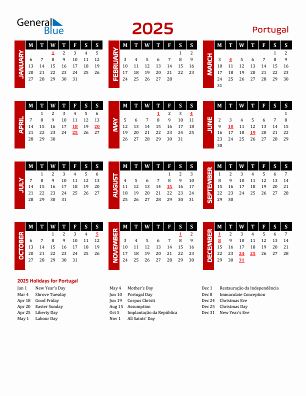 Download Portugal 2025 Calendar - Monday Start