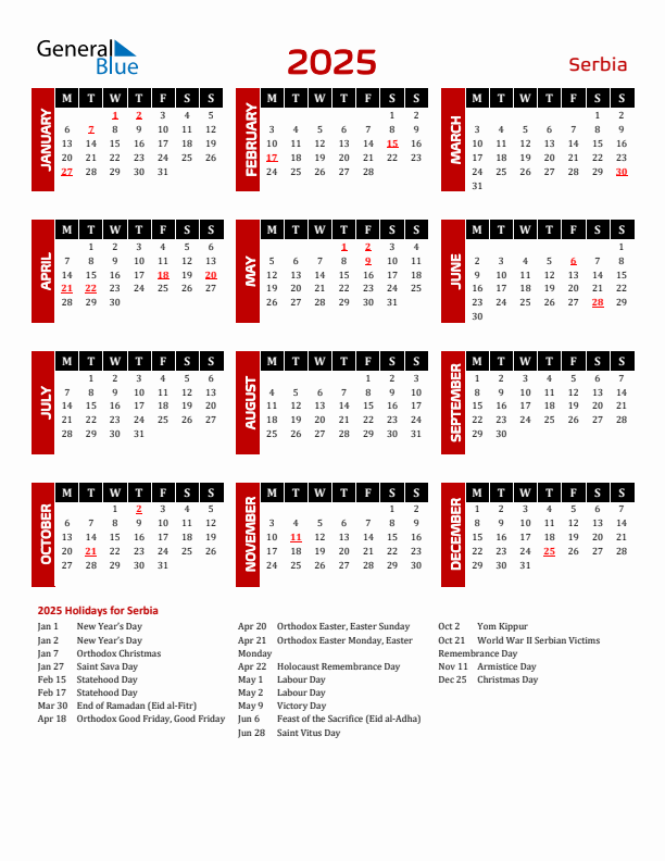 Download Serbia 2025 Calendar - Monday Start