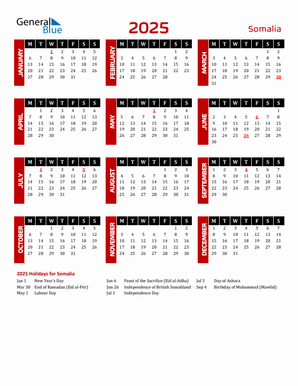 Download Somalia 2025 Calendar - Monday Start