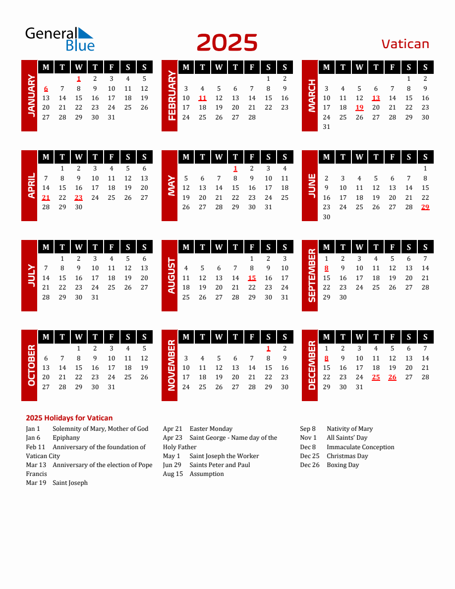 Vatican 2025 Yearly Calendar Downloadable