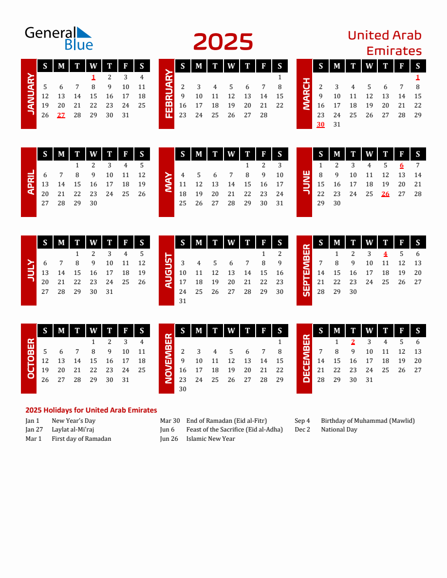 United Arab Emirates 2025 Yearly Calendar Downloadable