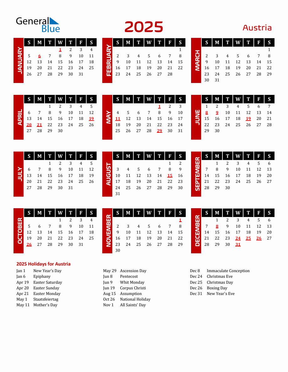 Austria 2025 Yearly Calendar Downloadable