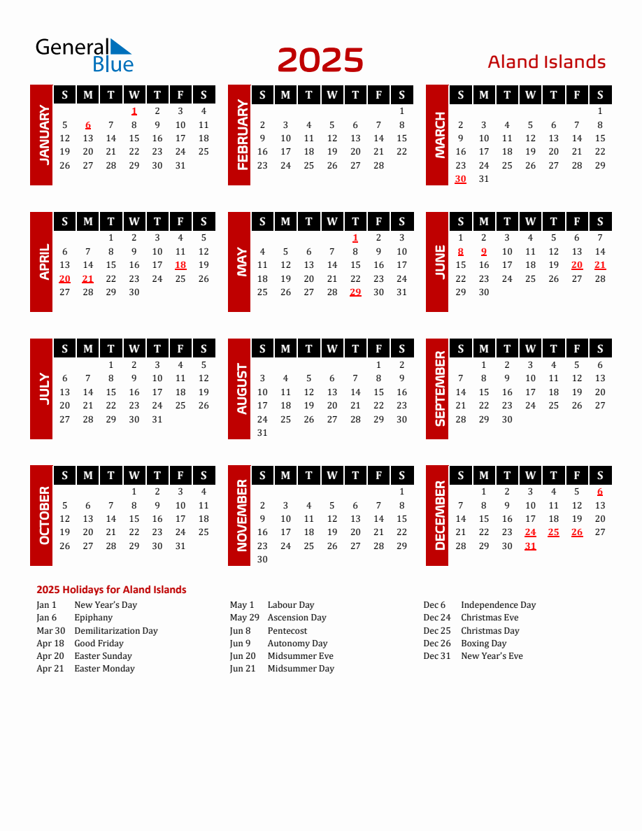 Aland Islands 2025 Yearly Calendar Downloadable