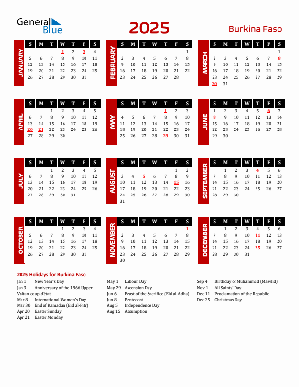 Download Burkina Faso 2025 Calendar - Sunday Start