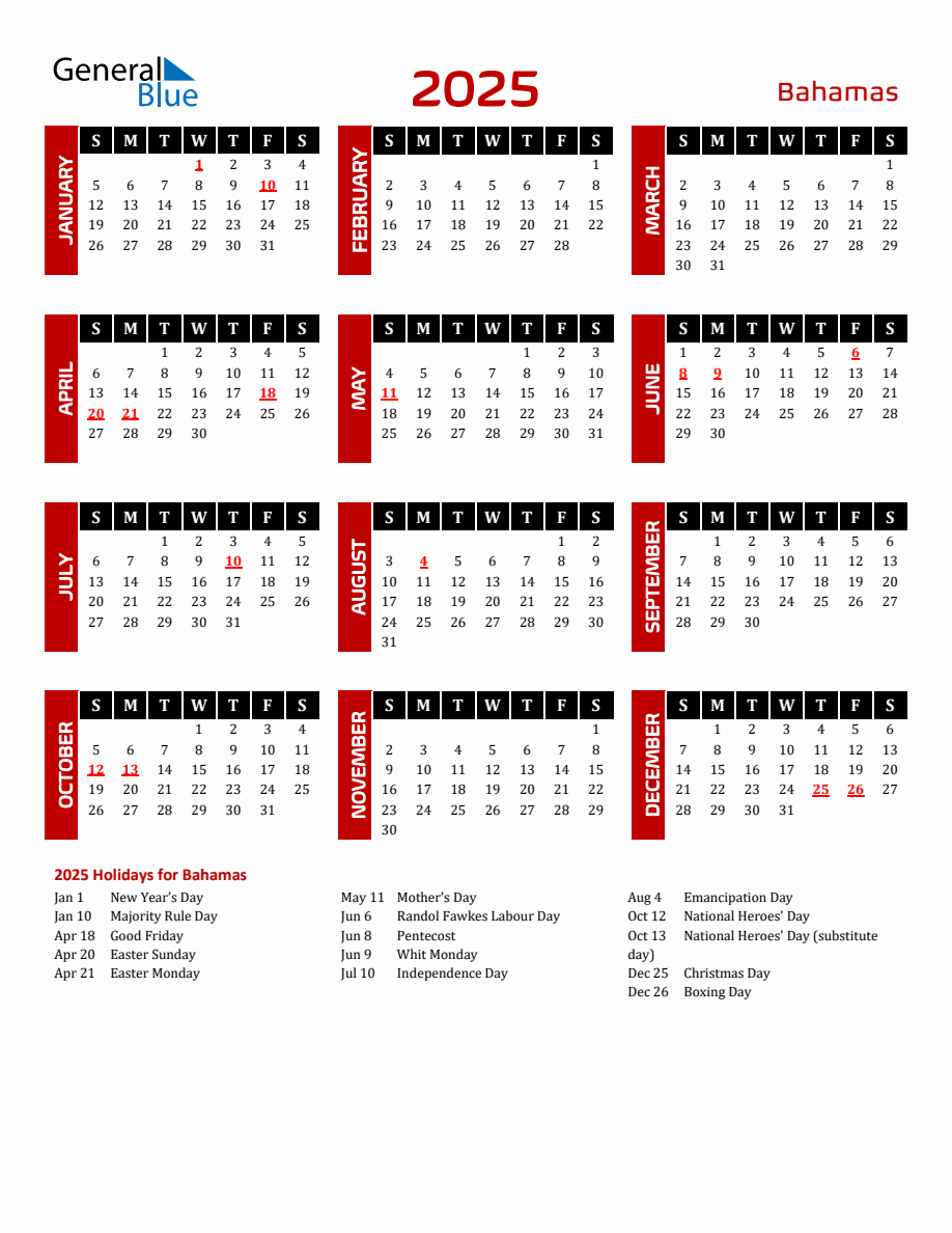 Bahamas 2025 Yearly Calendar Downloadable