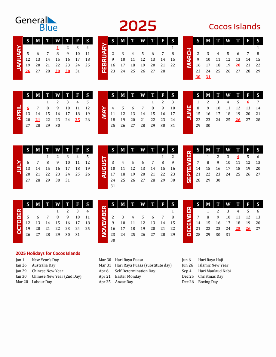 Cocos Islands 2025 Yearly Calendar Downloadable