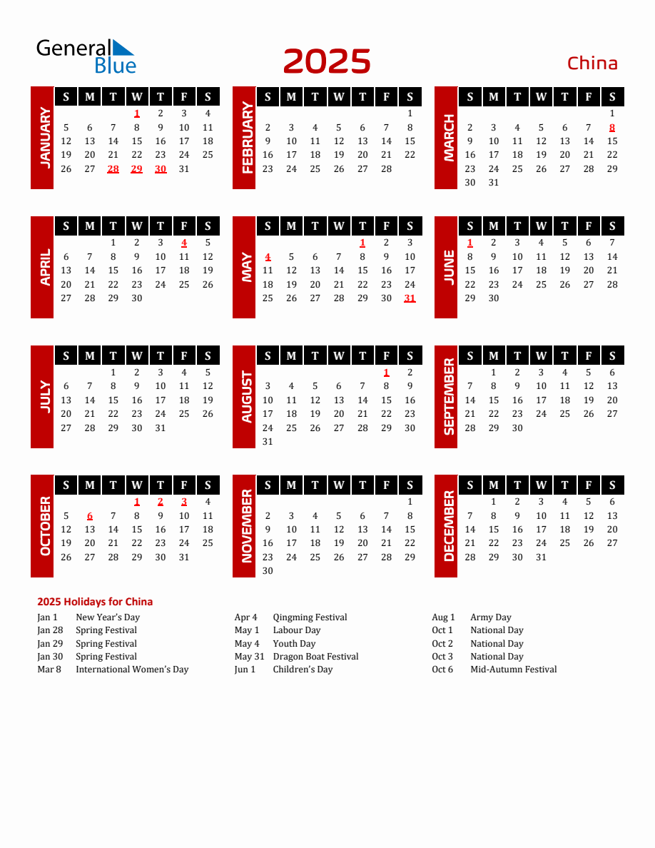 China 2025 Yearly Calendar Downloadable