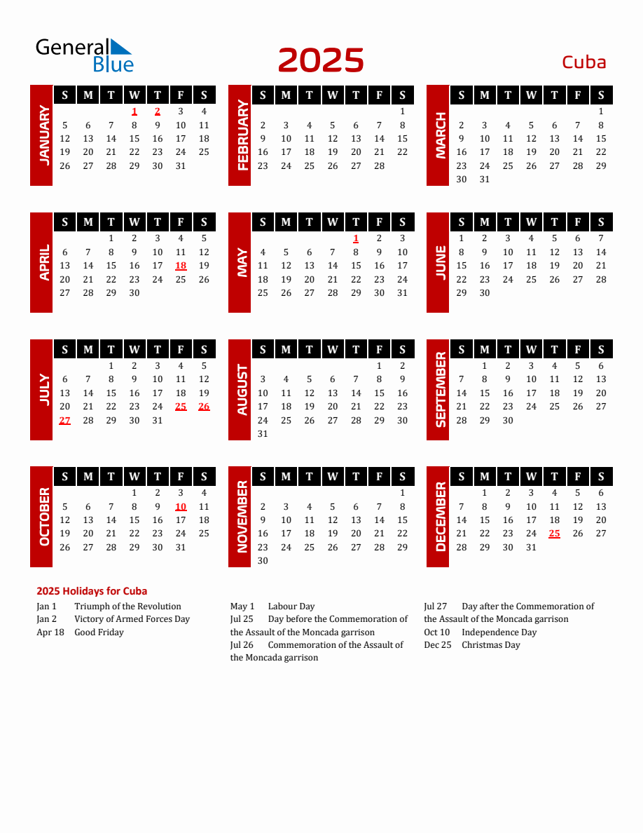 Cuba 2025 Yearly Calendar Downloadable