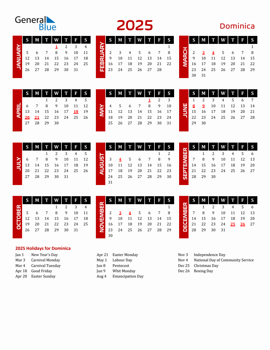 Dominica 2025 Yearly Calendar Downloadable