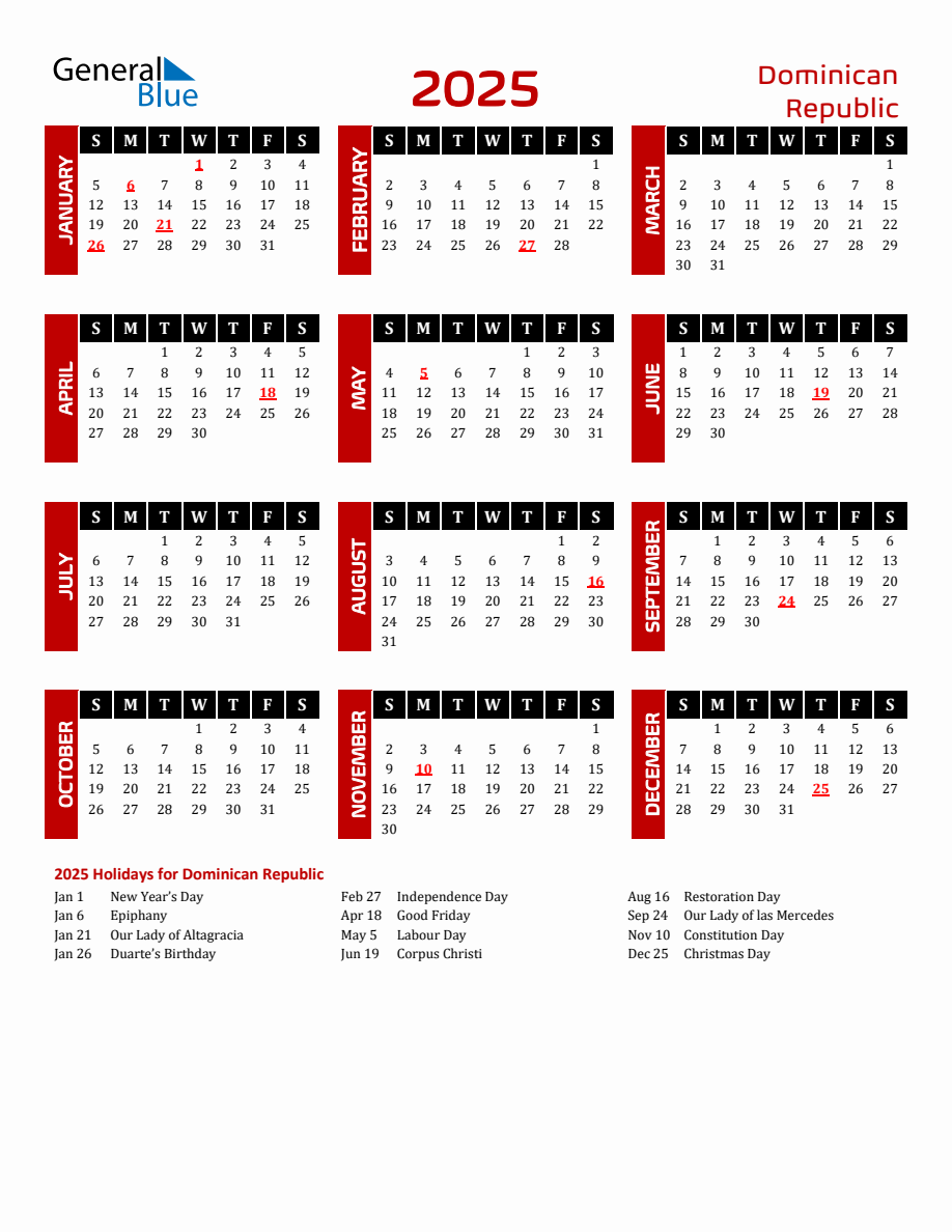 Dominican Republic 2025 Yearly Calendar Downloadable