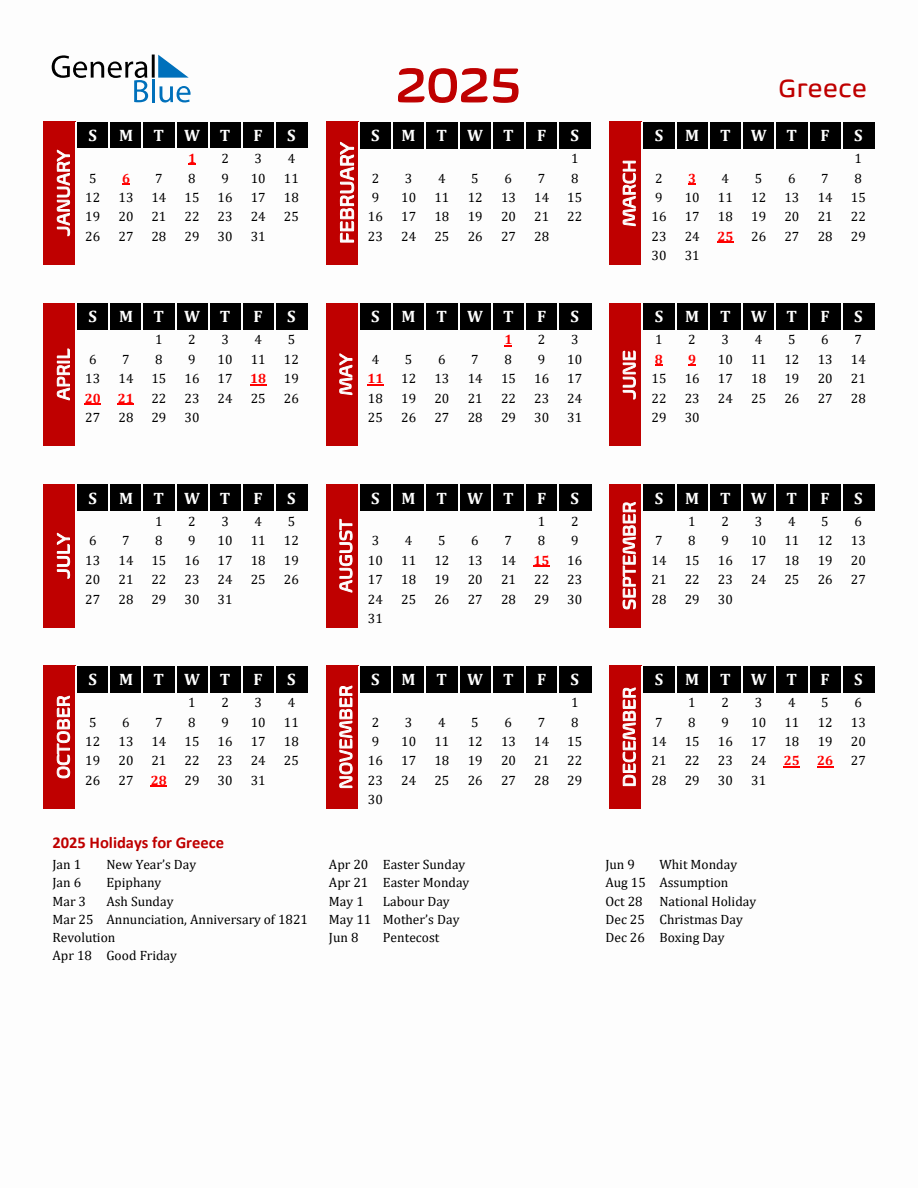 Greece 2025 Yearly Calendar Downloadable