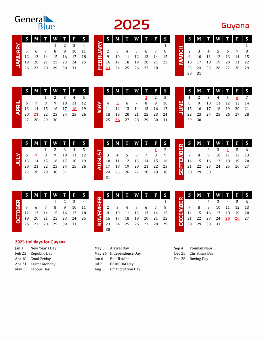 Guyana 2025 Yearly Calendar Downloadable