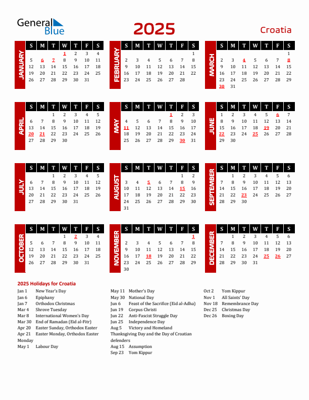 Download Croatia 2025 Calendar - Sunday Start