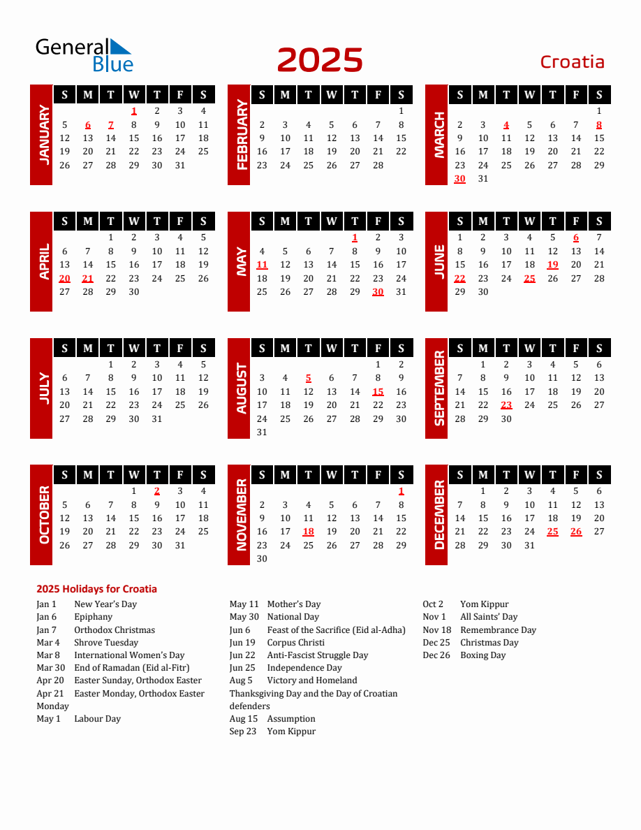 Croatia 2025 Yearly Calendar Downloadable