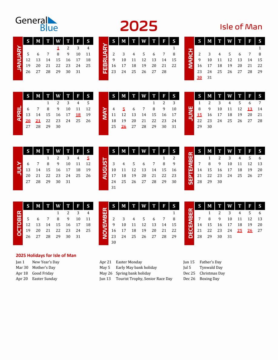 Isle of Man 2025 Yearly Calendar Downloadable