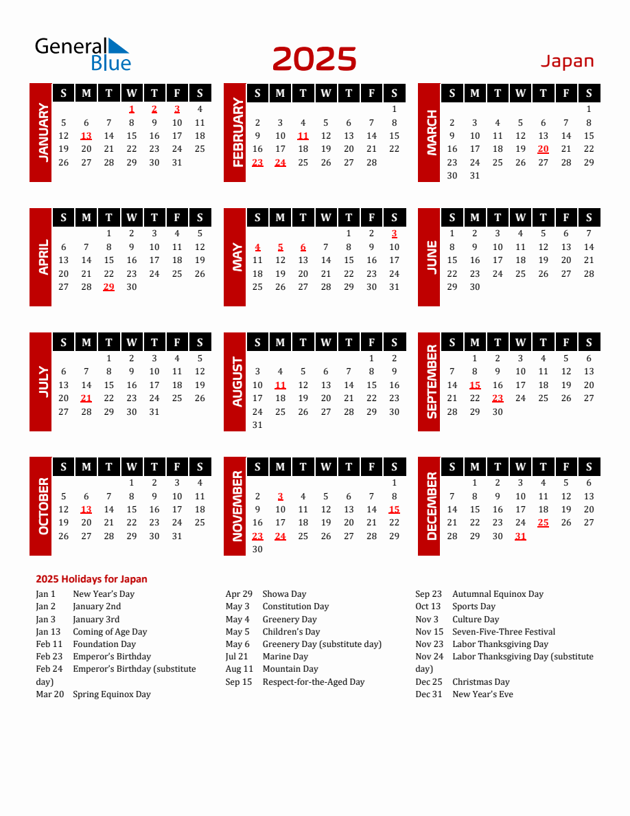 Japan 2025 Yearly Calendar Downloadable