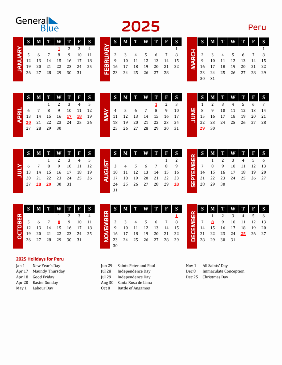 Peru 2025 Yearly Calendar Downloadable