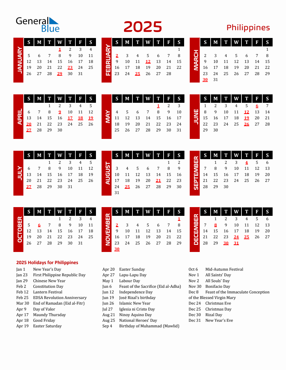 Philippines 2025 Yearly Calendar Downloadable