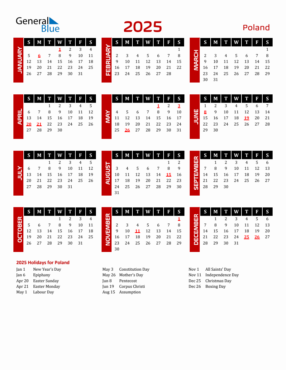 Poland 2025 Yearly Calendar Downloadable