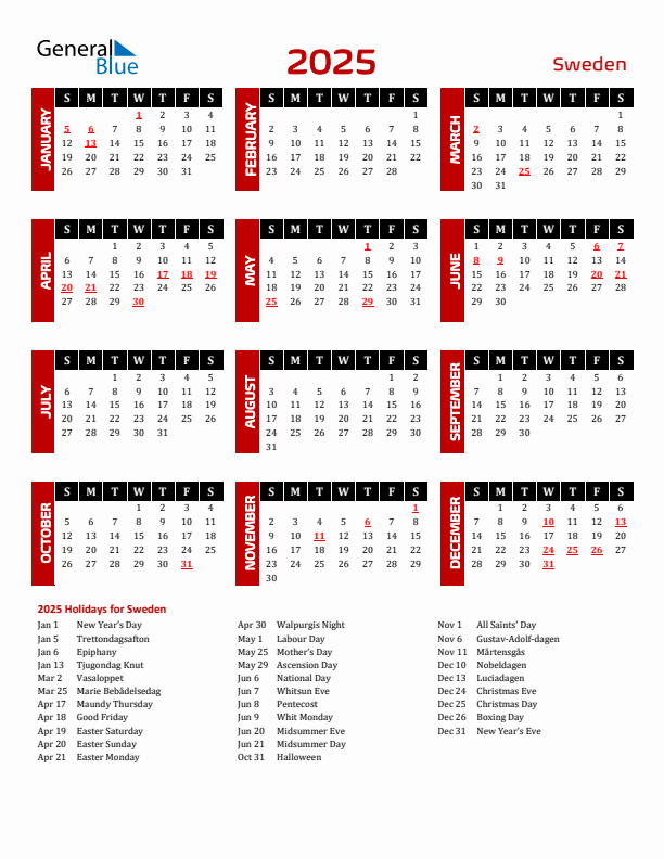 Download Sweden 2025 Calendar - Sunday Start
