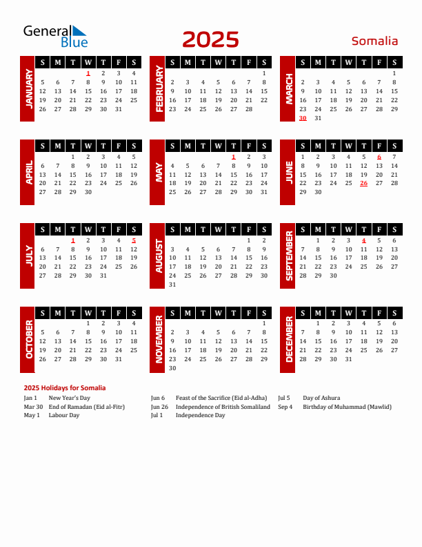 Download Somalia 2025 Calendar - Sunday Start