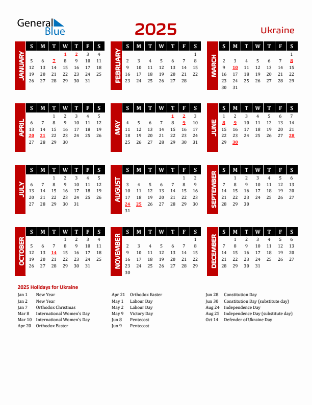 Download Ukraine 2025 Calendar - Sunday Start