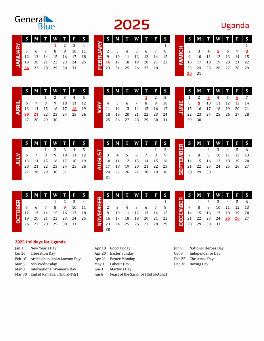 Uganda 2025 Yearly Calendar Downloadable