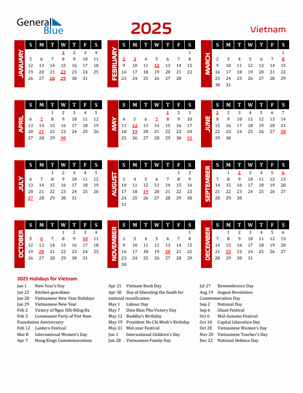 Download Vietnam 2025 Calendar - Sunday Start