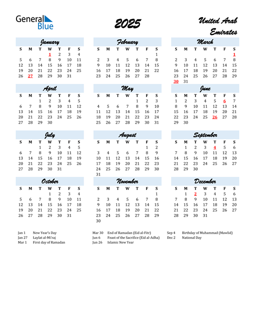 2025 United Arab Emirates Calendar with Holidays