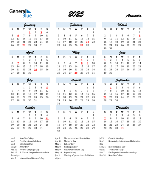 2025 Calendar for Armenia with Holidays