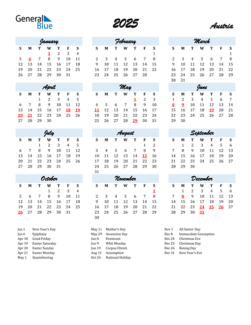 2025 Austria Calendar with Holidays