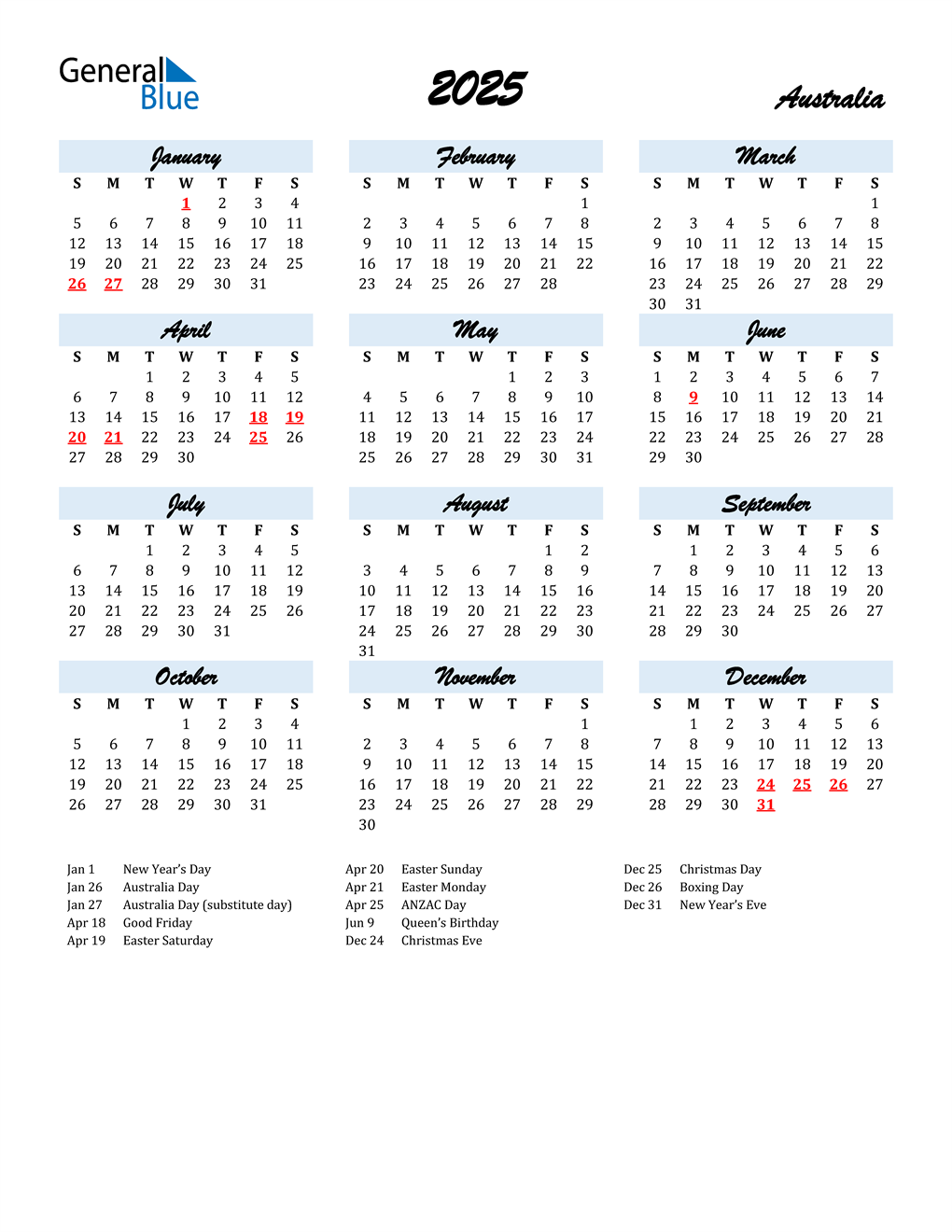 2025 Australia Calendar with Holidays